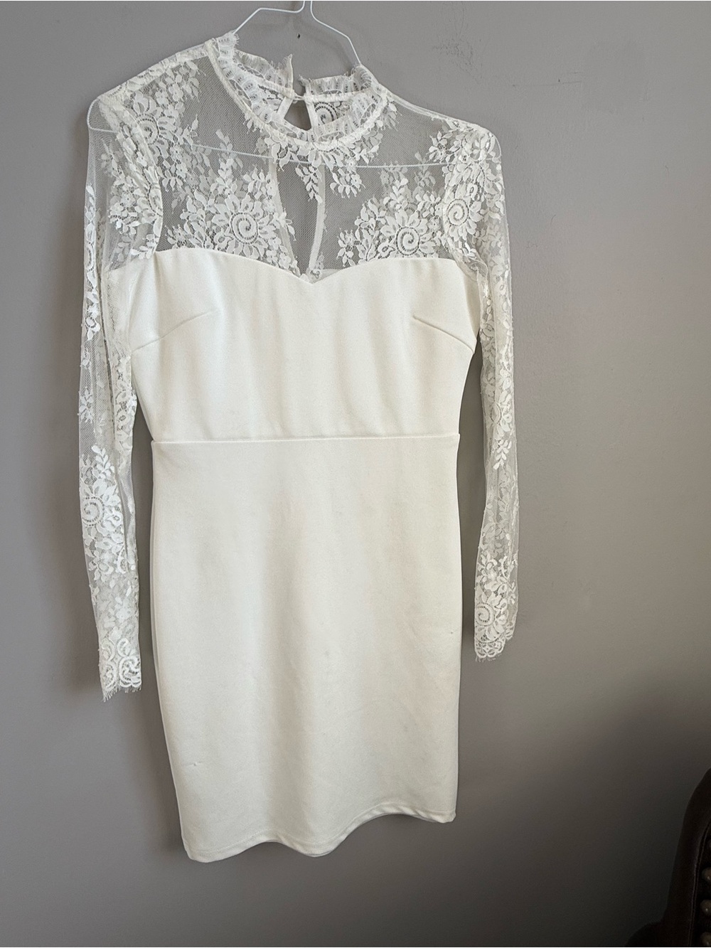 White Lace-Yoke Long Sleeve Sheath Dress